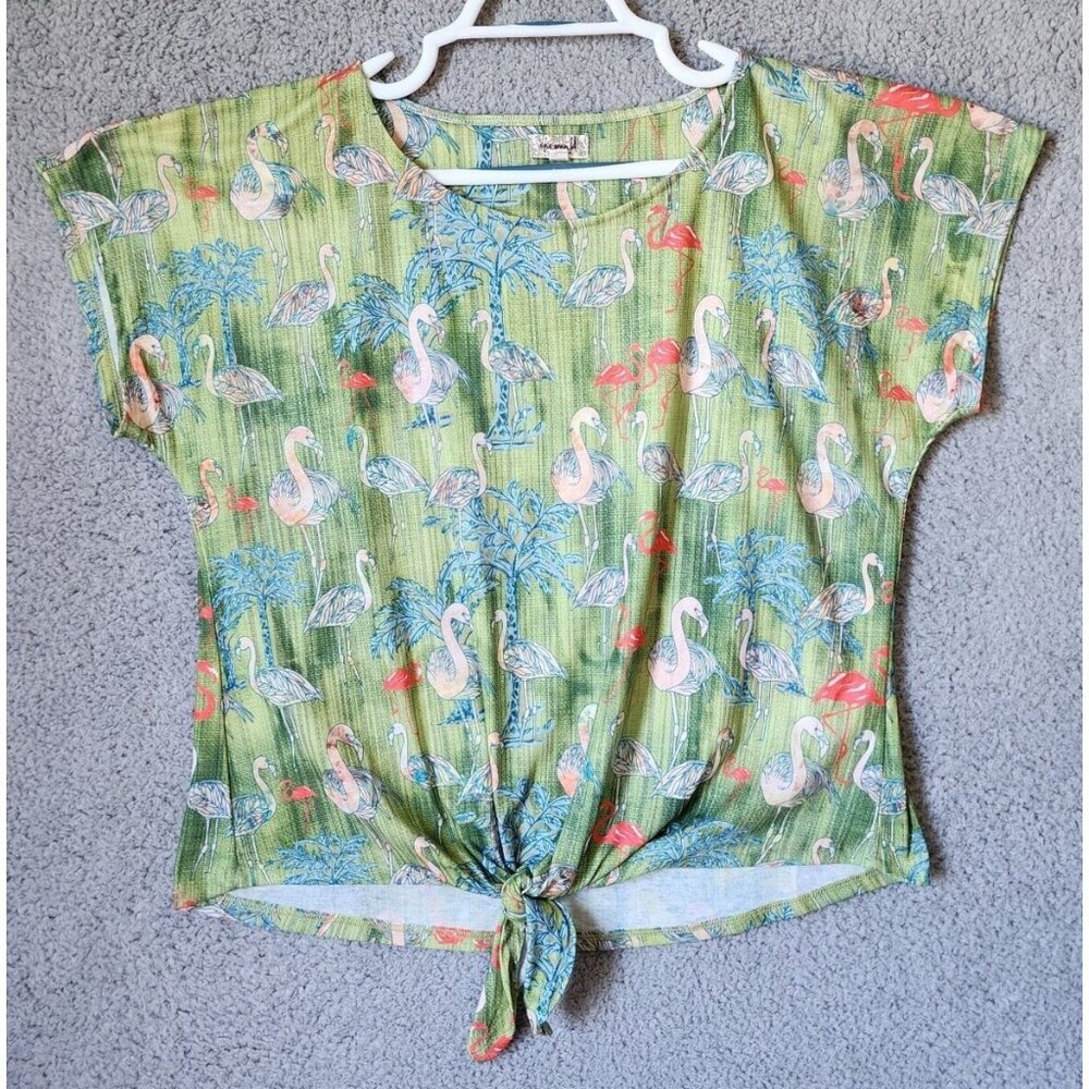 One World Women’s Short Dolman Sleeve Tie Front T Shirt Top Flamingos Green Sz L